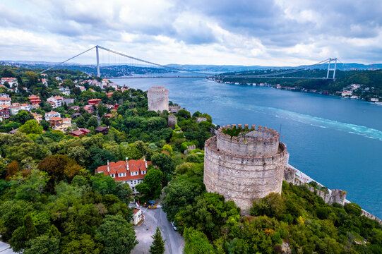 Istanbul, Turkey. Aerial view of the Istanbul Bosphorus. Fatih Sultan Mehmet Bridge and Rumeli Fortress with beautiful view. Drone shot.