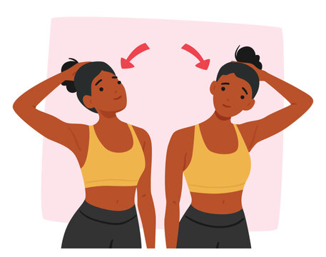Woman Character Doing Neck Exercises, Gently Stretching, Tilting And Rotating Her Head From Side To Side