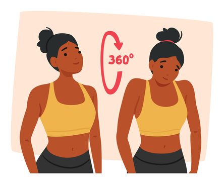 Woman Character Performs Gentle Stretches And Rotations To Relieve Tension And Strengthen Neck And Shoulder