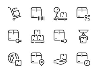 Shipping, Logistics and Delivery vector line icons. Deliver the Package and Order Transportation outline icon set. Cargo Trolley, Send, Receive, Parcel Weight, Pending, Location and more.