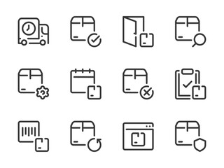 Shipping, Logistics and Delivery Box vector line icons. Deliver the Package and Order Transportation outline icon set. Cargo Truck, Configurations, Return, Online Order, Home Delivery, Date and more.