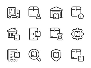 Shipping, Logistics and Delivery Box vector line icons. Deliver the Package and Order Transportation outline icon set. Cargo Truck, Settings, Info, Online Order, Home Delivery, Storage and more.
