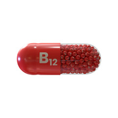 Vitamin B12 With Red Capsule, Granules and White Background