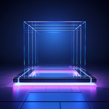 Modern showcase scene illuminated, platform for product presentation, product advertising , neon lights, glowing, nature background -  created with Generative AI technology