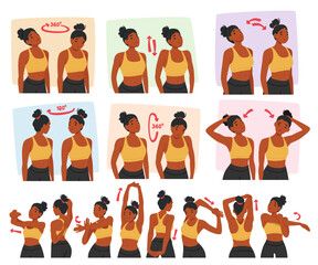Woman Character Doing Neck And Shoulder Exercises, Including Neck Stretches, Shoulder Rolls, And Shrugs