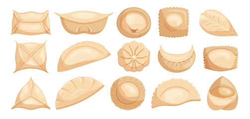 Set Of Dumplings, Small, Savory Parcels Of Dough Filled With Meat, Vegetables, Or Other Ingredients, Vector Illustration