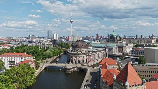 Aerial Drone shot of The Bode Museum, formerly called the Kaiser-Friedrich-Museum on the Museum Island on spree river in the historic centre of Berlin , Germany