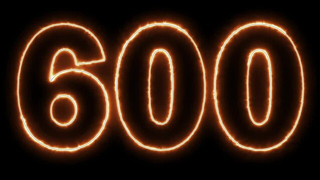 4K Ultra Hd Video. 600 Electric orange lighting text with animation on black background, 3D Animation. 600 Number. Six hundred.
