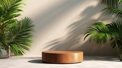 Fototapeta na wymiar Brown wooden rectangle pedestal side table tray podium, tropical dracaena tree in sunlight, leaf shadow on white cement wall. Luxury organic cosmetic, skincare, body care, beauty product