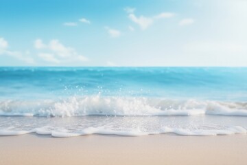 Fototapeta na wymiar Defocused tropical beach on blue sky with ocean wave and abstract blur background.