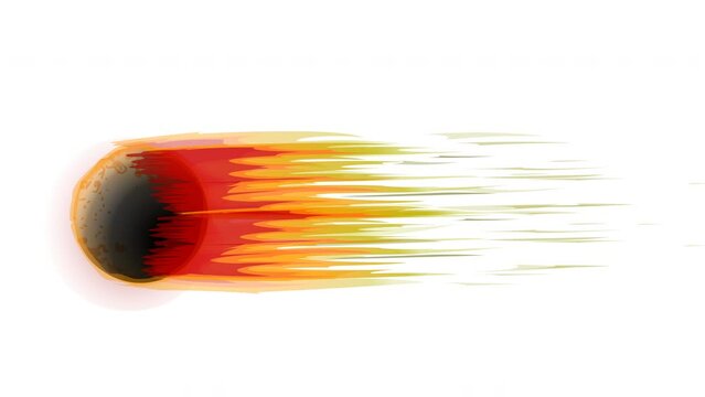 Meteor down fast animation, trail. Falling comet fire asteroid. Fireball flame burn, fly meteorite particles. Shooting star entering atmosphere. White back. Apocalypse threat. Loop video