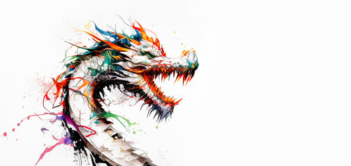 Drawn dragon head on white paper on the left, profile, multi-colored dragon, made with small strokes, pencil and blots, banner with copy space, AI-generated