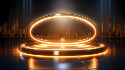 Modern showcase scene illuminated, platform for product presentation, neon lights, glowing -  created with Generative AI technology