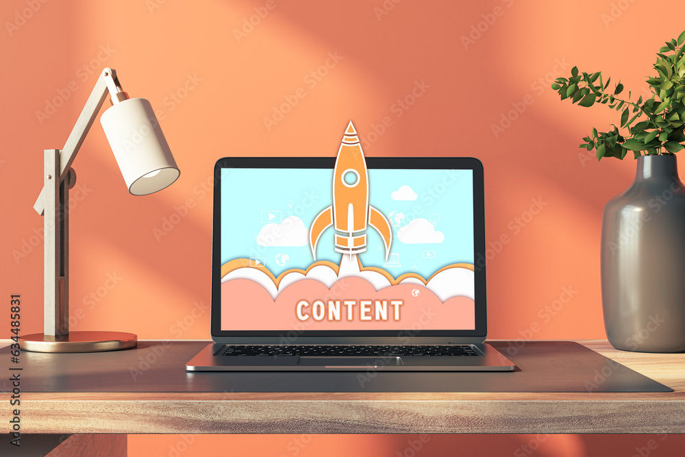 Poster laptop on table, startup concept, 3d rendering