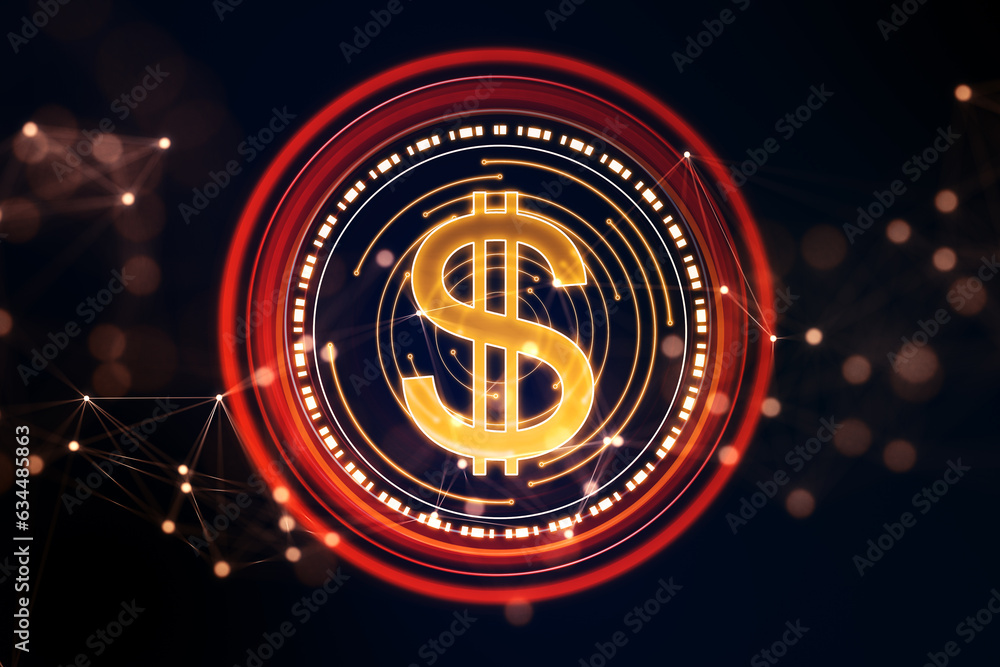 Poster Abstract digital red dollar coin with polygonal bokeh mesh on blurry background. Online banking and trade concept. 3D Rendering.