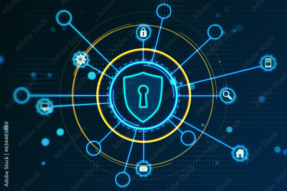 Poster Cyber security concept. Shield with padlock on the blue background. 3D Rendering