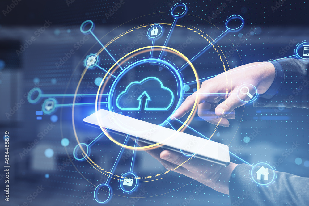 Poster Close up of male hand holding and using mobile phone with glowing cloud computing hologram on blurry office interior background. Data storage and database concept. Double exposure.
