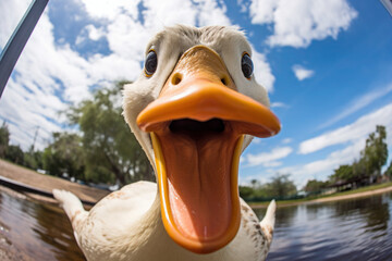 selfie, wide angle duck portrait. funny duckling swims in the lake and smiles. birds in the wild.