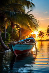 Fototapeta na wymiar tropical paradise island. an old boat floats at sunset near the palm trees. vacation and romantic evening.