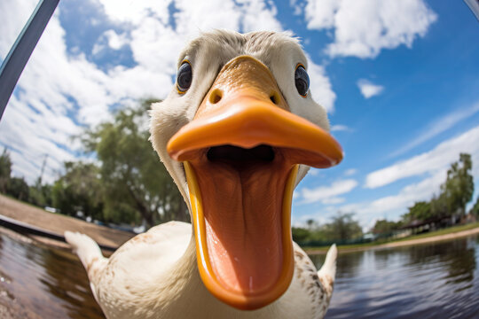 selfie, wide angle duck portrait. funny duckling swims in the lake and smiles. birds in the wild.