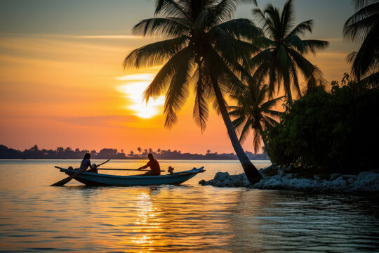 tropical paradise island. an old boat floats at sunset near the palm trees. vacation and romantic evening.