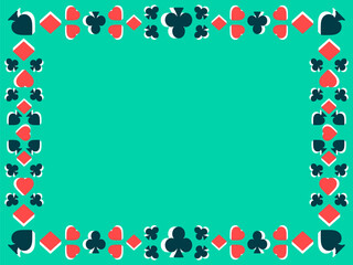 Frame with card suits: diamonds, hearts, clubs, spades in 3d style. Isometric symbols of card suits. Frame with place for text. Design for invitation card, banner and flyer. Vector illustration