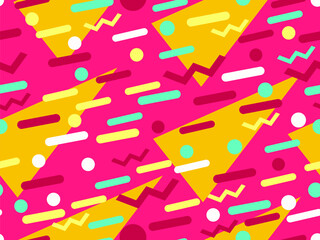 Fototapeta premium Memphis seamless pattern with geometric shapes in 80s style. Colorful geometric pattern. Design of promotional products, wrapping paper and printing. Vector illustration