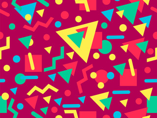 Seamless geometric pattern in 80s memphis style. Colorful geometric shapes. Design of promotional products, wrapping paper and printing. Vector illustration