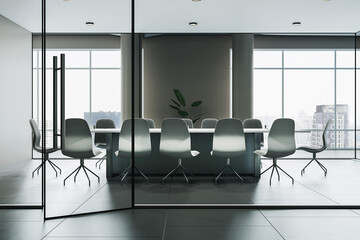 New glass meeting room interior with furniture, equipment and window with city view. 3D Rendering.
