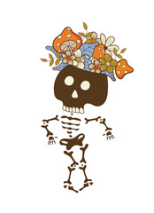 skeleton dances with flowers on its head isolated on a white background. Cute happy skull. Human. Flowers. Dance. Vector illustration.