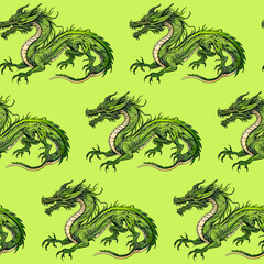 Fototapeta premium Seamless pattern with green dragons carved from wood on a light green background
