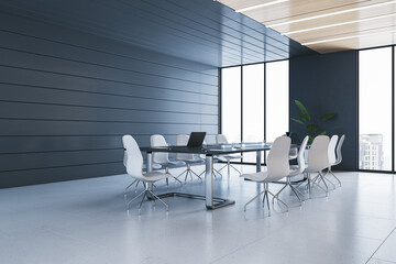New plank conference room interior with table, chairs and panoramic window with city view. 3D Rendering.