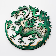 Round carved emblem with a green dragon made of wood, on a light background