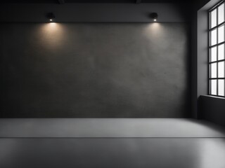 Empty dark abstract cement wall and studio room with smoke float up interior texture for display products wall background.