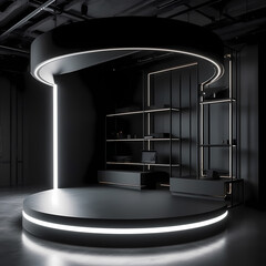 Modern studio stage illuminated, stage platform, management studio, neon lights, glowing, -  created with Generative AI technology