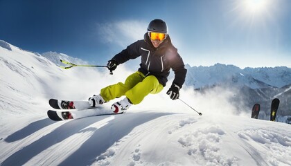 Fototapeta na wymiar Skier jumping on a sunny mountain slope with professional equipment