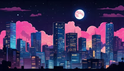 Fototapeten Anime style night cityscape with neon lights and a big moon in the sky, neo crisp and neon flat © ibreakstock