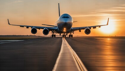Fototapeta na wymiar Jetliner taking off from runway at sunset with landing gear down