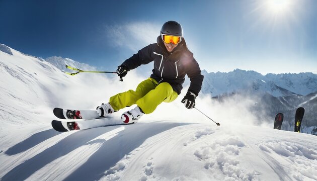 Skier jumping on a sunny mountain slope with professional equipment