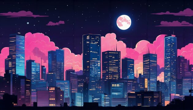 Anime Style Night Cityscape With Neon Lights And A Big Moon In The Sky, Neo Crisp And Neon Flat