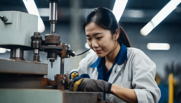 Asian woman technician working on metal drilling machine in factory - Powered by Adobe