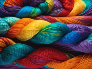 Close-up image of multicolored yarn with red, orange, yellow, green, blue and purple colors swirled together