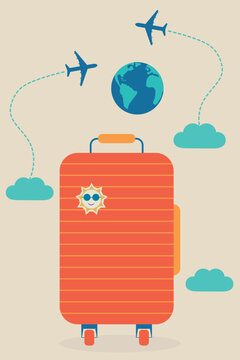 Travel suitcase  with airplanes , clouds, globe. Travel concept. Vector illustration.