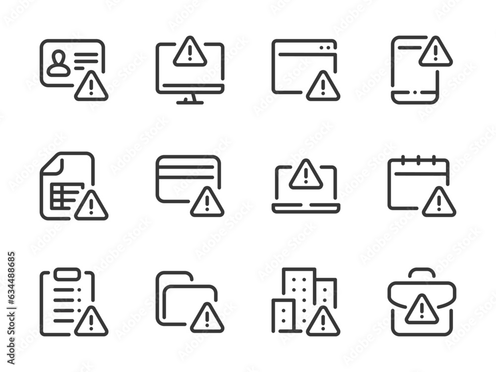 Poster warning and alert notification vector line icons. error, attention and caution outline icon set. pay