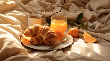 breakfast on bed with croissants, juice, oranges and cofee - obrazy, fototapety, plakaty