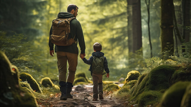 father and son hiking in the forest