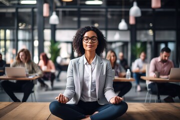 People meditate in office in workplace