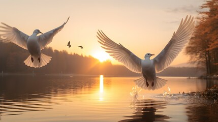 Harmonious Symbolism: White Doves Soaring from Palms over Serene Lake | International Day of Peace