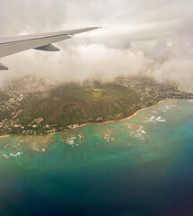 Aerial view flying over Diamond Head in Honolulu, Hawaii, USA