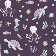 Watercolor kids seamless pattern. Watercolor jellyfish, sea-horse, coral illustrations. marine animals. For t-shirt print, wear design, baby shower, kids cards, linens, wallpaper, textile, fabric.